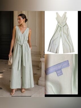 ANTONIO MELANI Linen Blend V Neck Sleeveless Tie Waist Jumpsuit Mint 14 wide leg